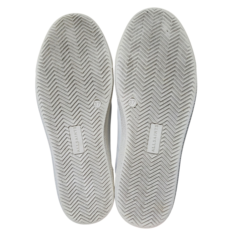 ALLSAINTS Sneaker White Leather Low Top Sheer Tennis Shoe Gold Lettering sz 7 - Picture 10 of 10